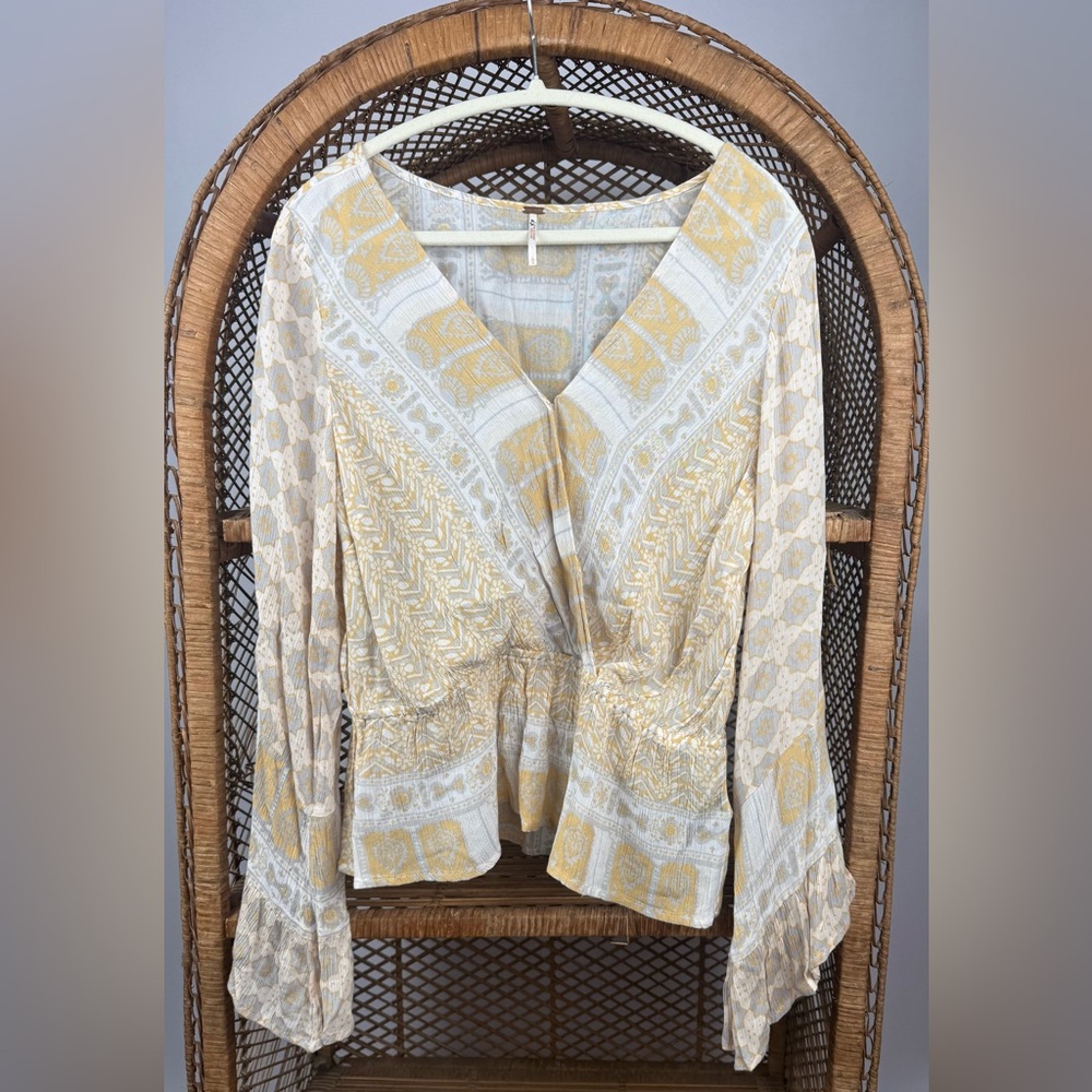 Free People Rosalie Wrap Blouse Ivory Combo Boho Size L - Picture 5 of 8